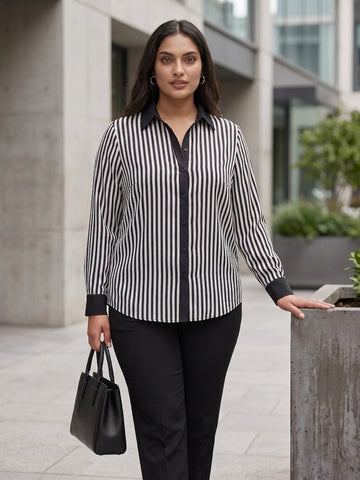 black stripe crepe shirt for women in sizes XXS to 5XL