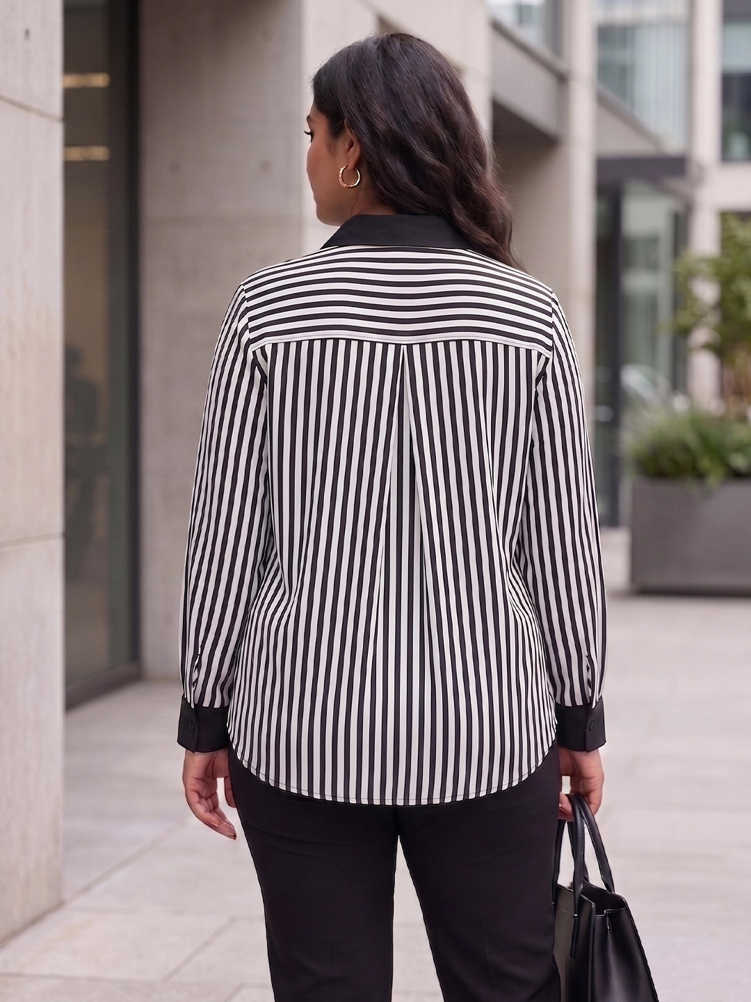 black stripe crepe shirt — close-up detail