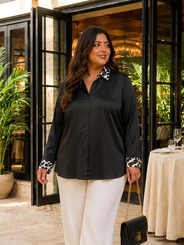 Black leopard print placket shirt