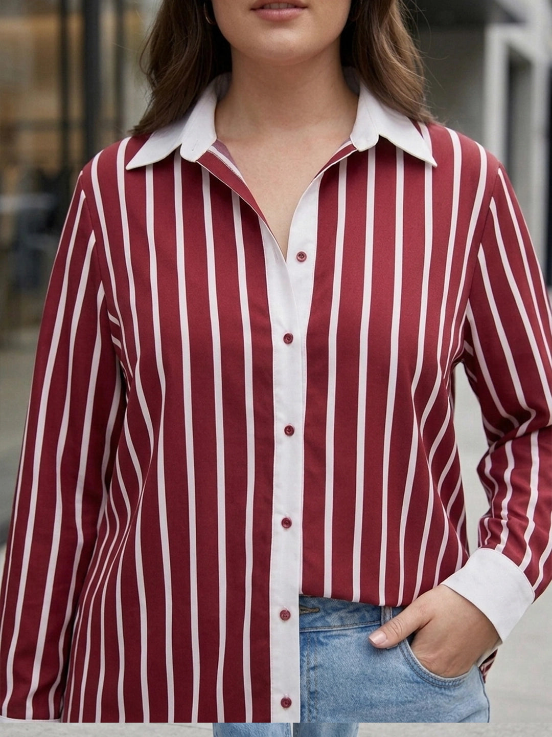 Maroon & white stripe placket shirt
