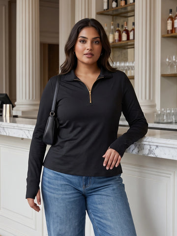 Black lycra half zipper thumbhole top