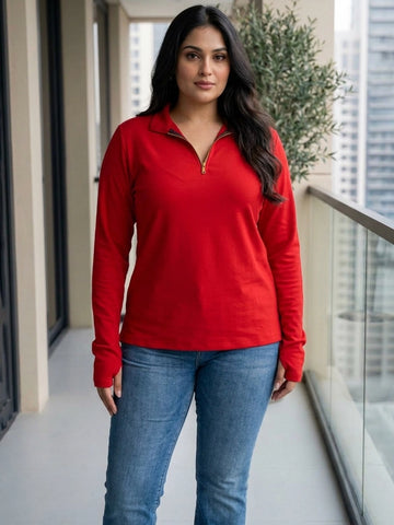 Red lycra half zipper thumbhole top