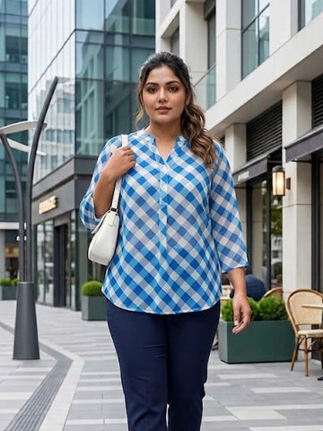 Blue georgette mandarin collar shirt