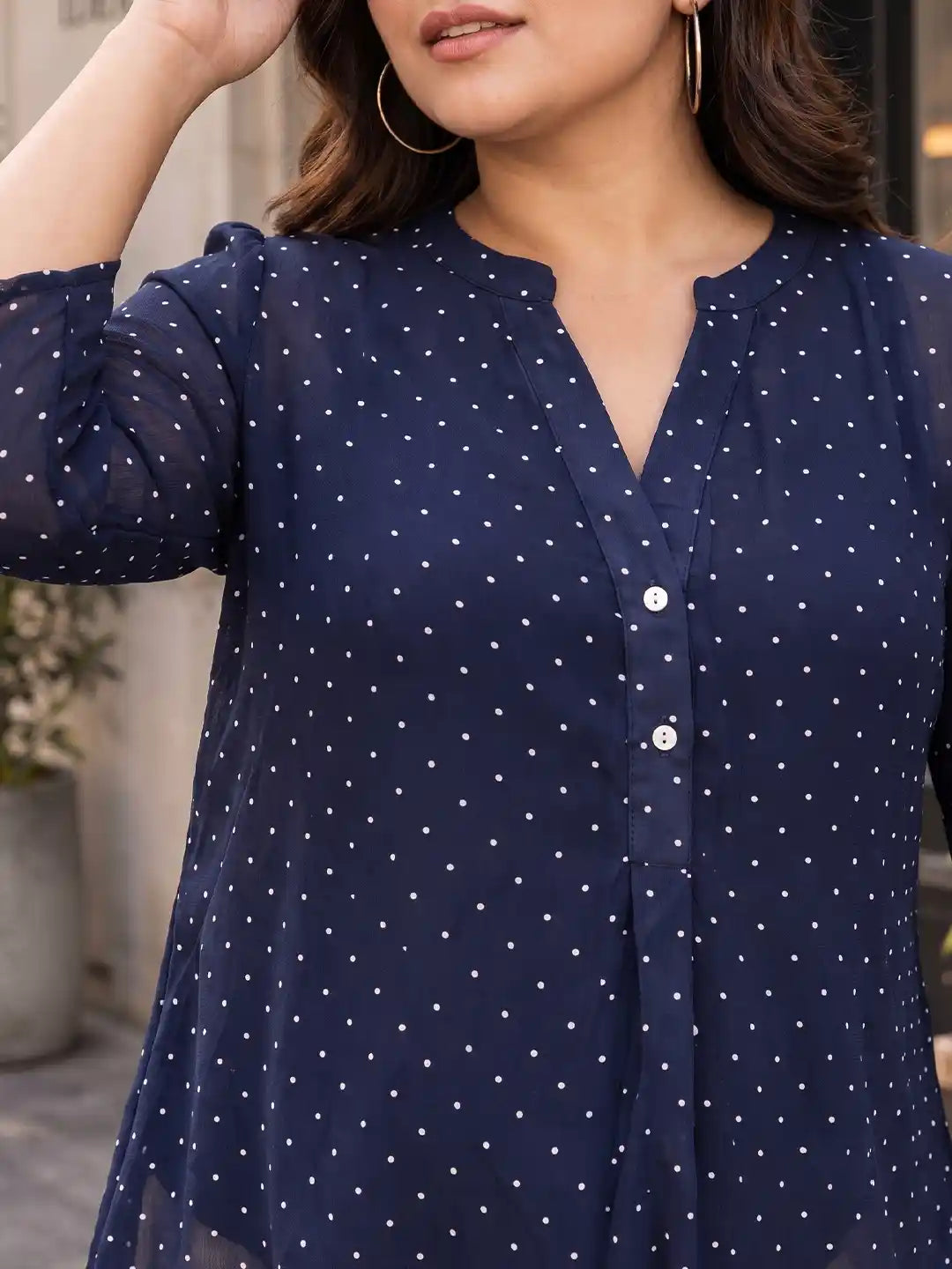Navy polka mandarin collar shirt