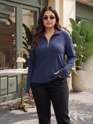 Navy lycra half zipper thumbhole top