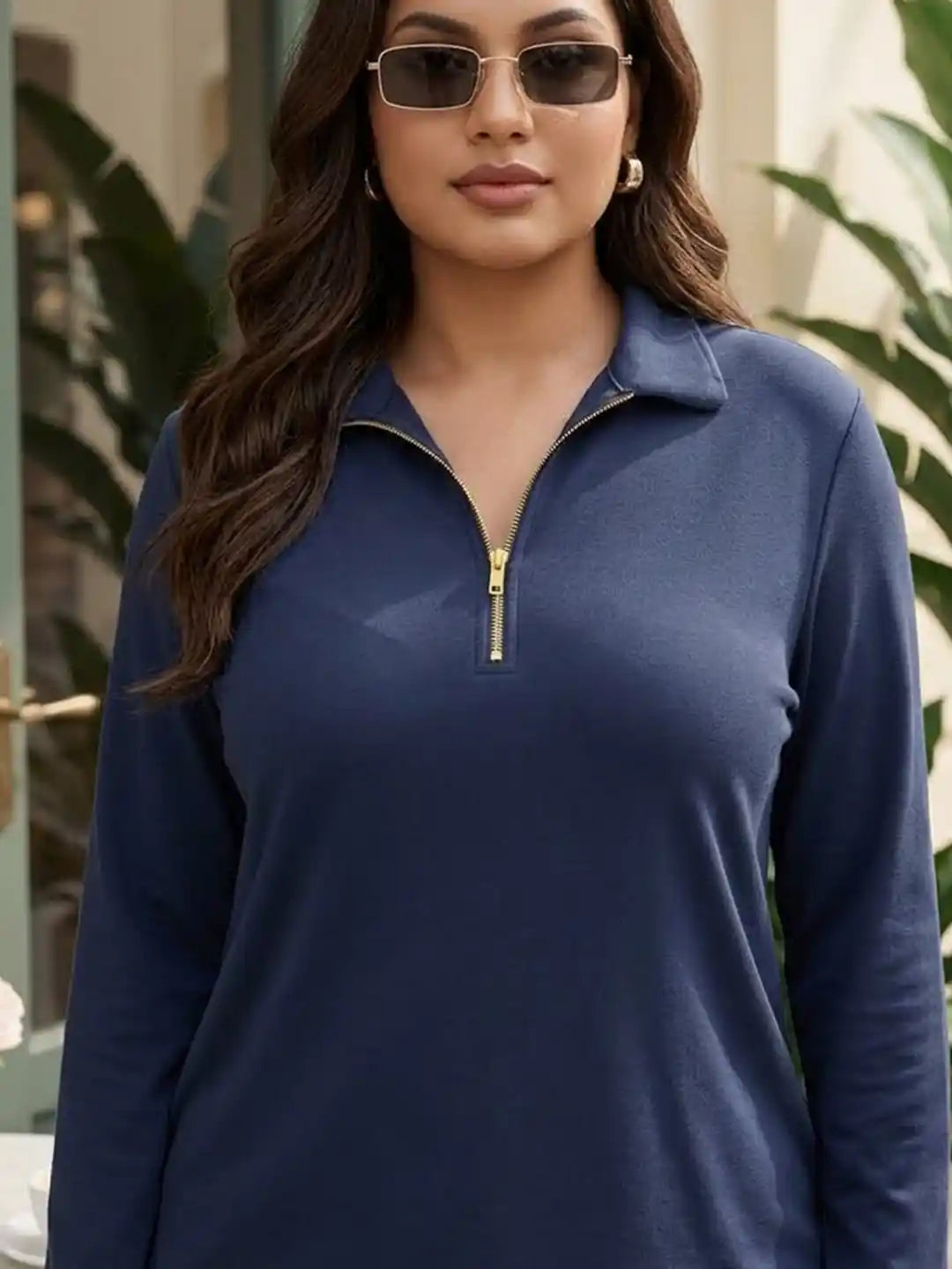 Navy lycra half zipper thumbhole top