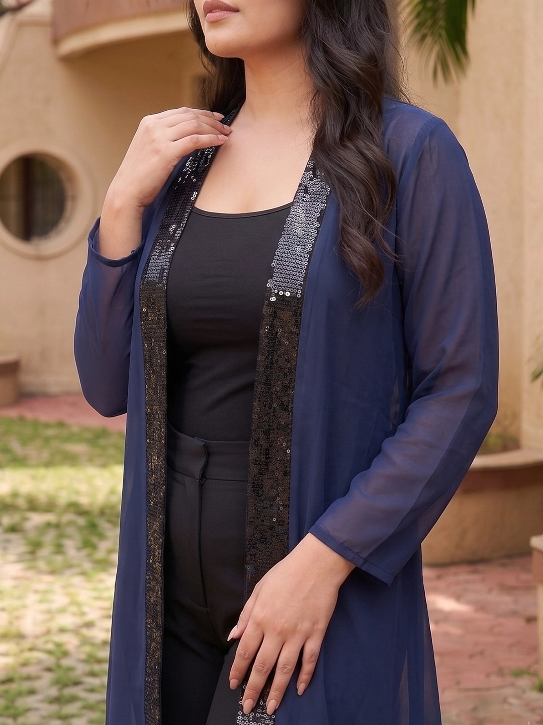 Navy georgette shrug with sequins detailing