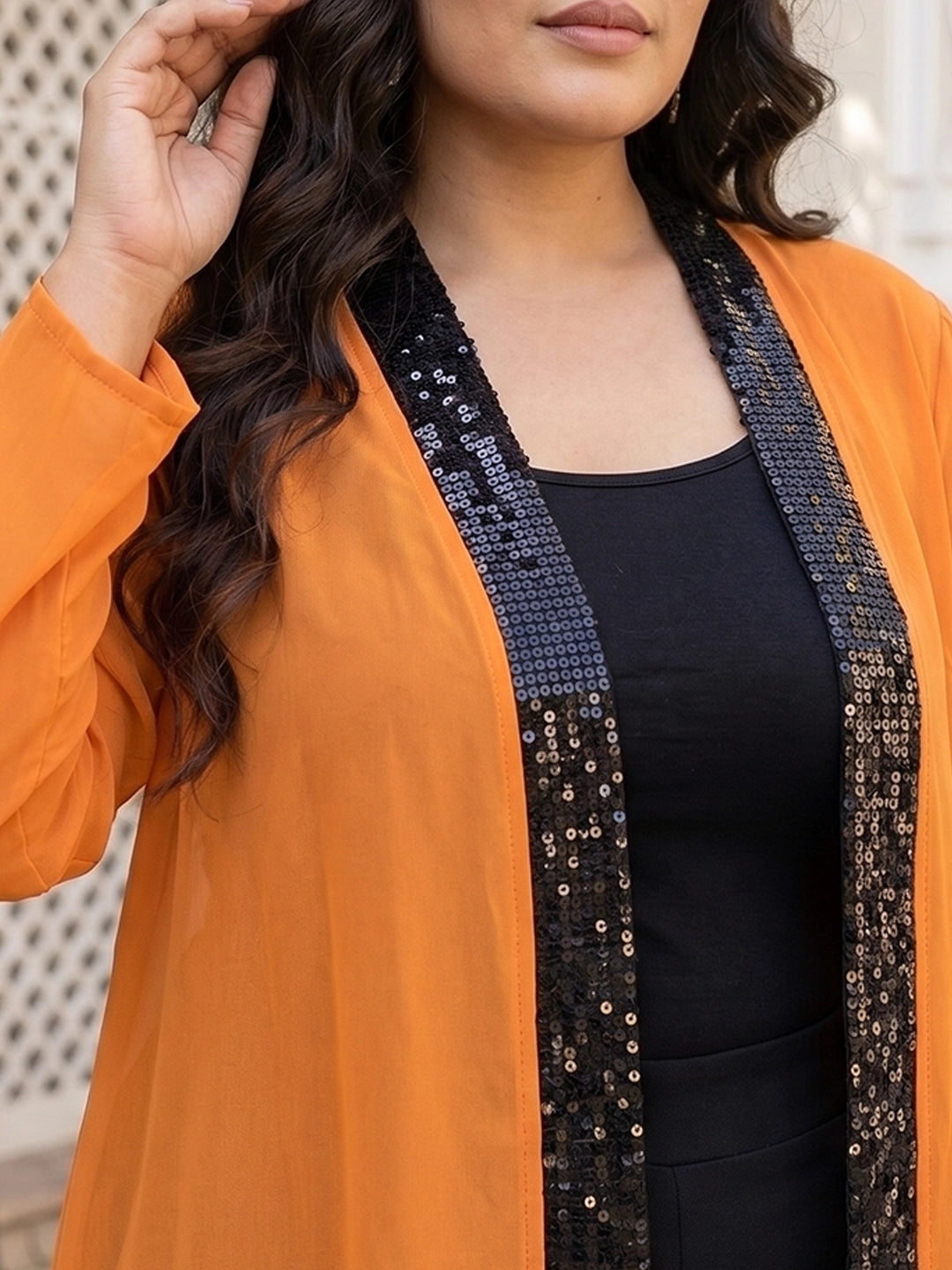 Orange georgette shrug with sequins detailing