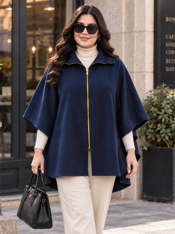 Navy fleece zipper poncho jacket