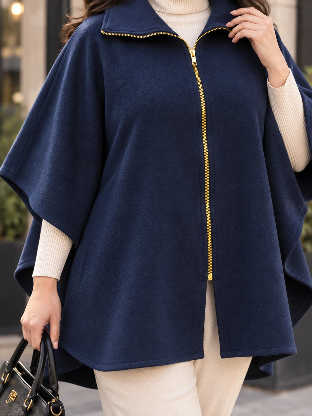 Navy fleece zipper poncho jacket
