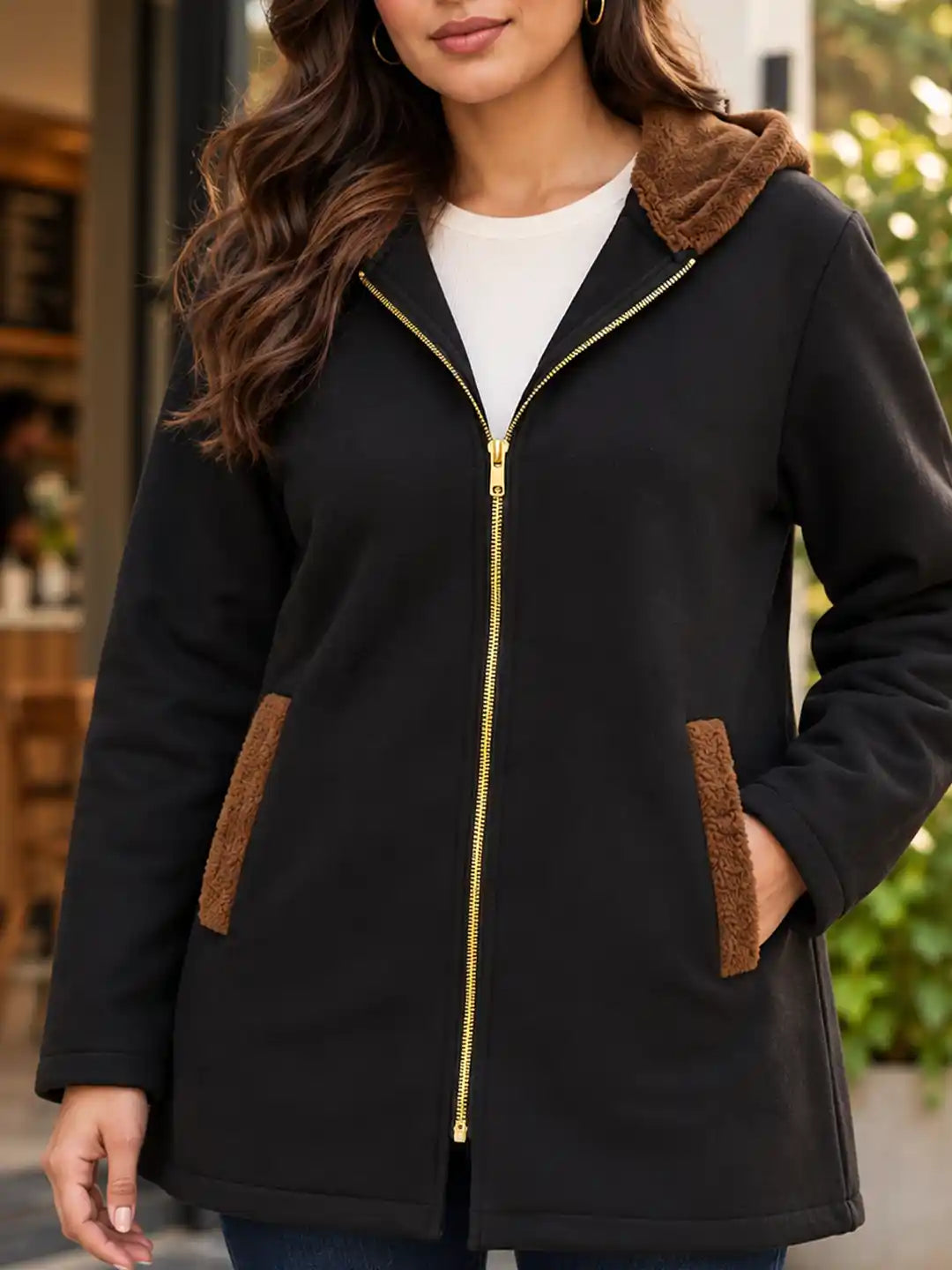 Black jacket with brown fur hoodie