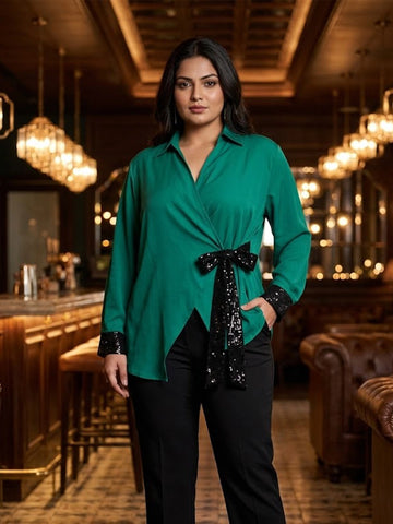 Bottle green wrap around shirt with sequins