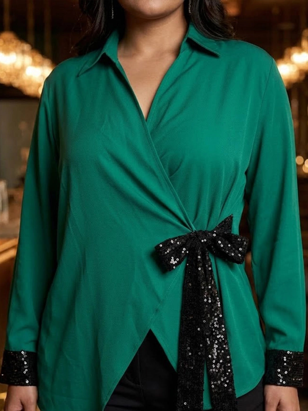 Bottle green wrap around shirt with sequins