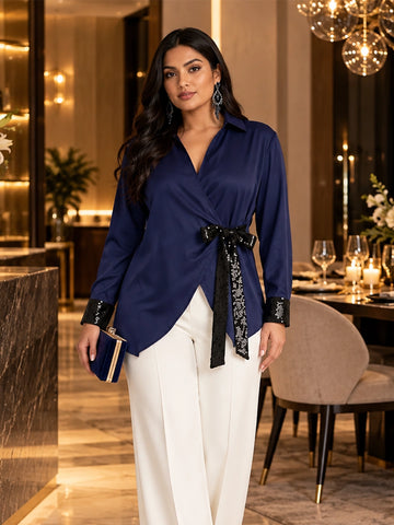 Navy wrap around shirt with sequins