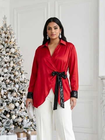 Red wrap around shirt with sequins