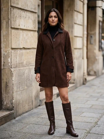 Brown fleece long coat with contrast collar