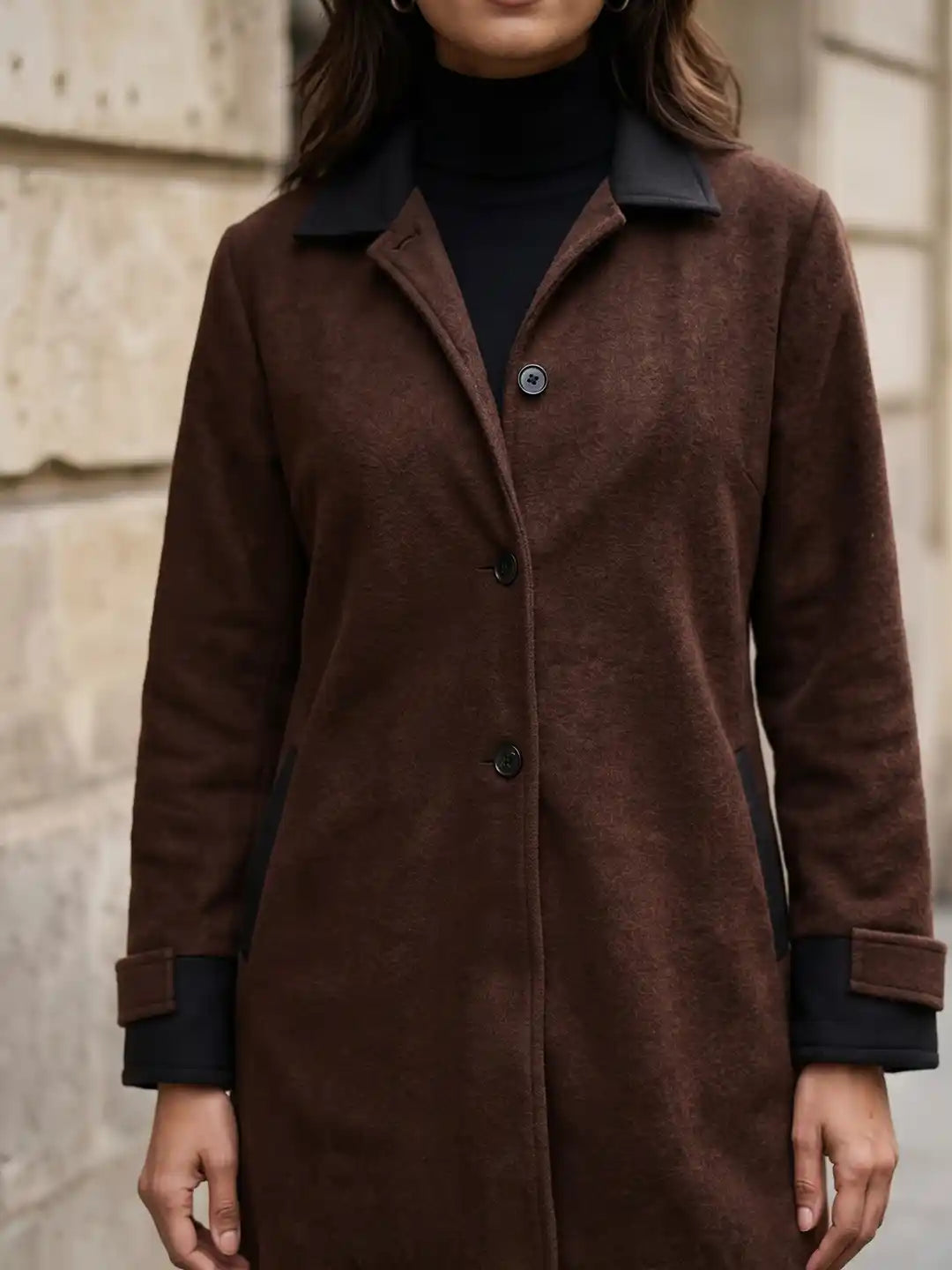 Brown fleece long coat with contrast collar