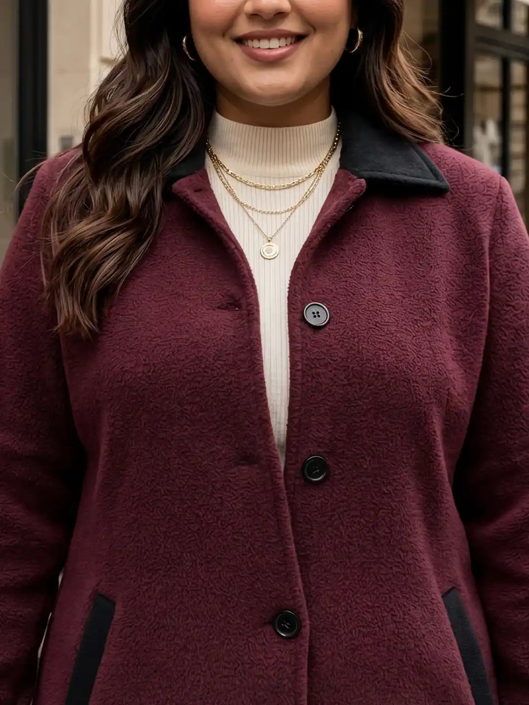 Wine sherpa long coat with contrast detailing