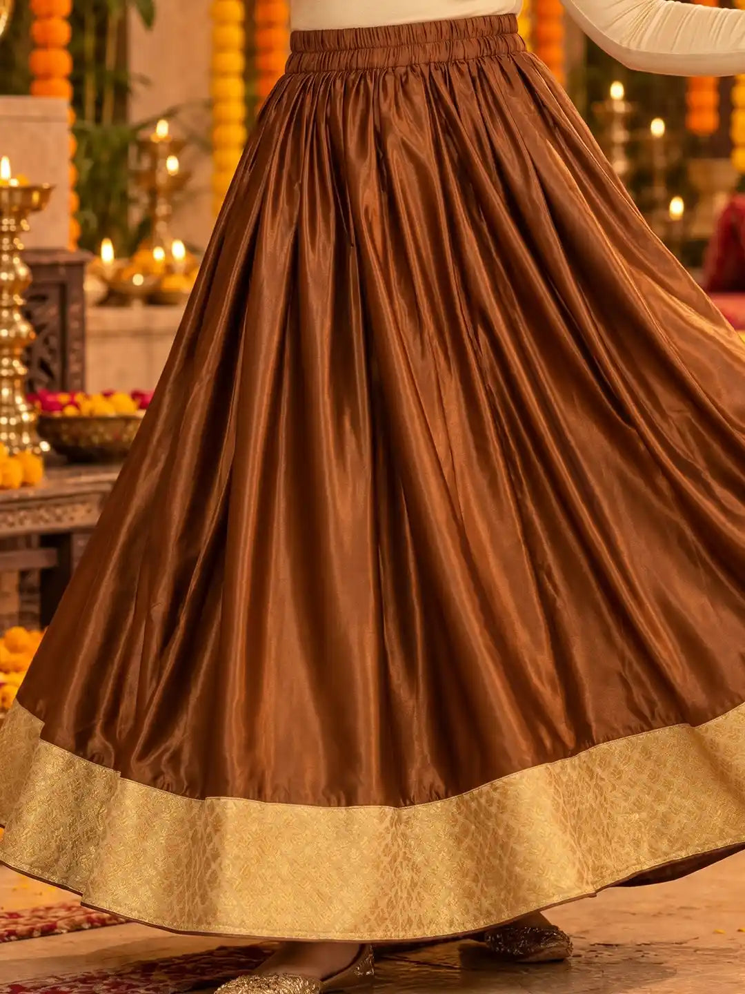 Bronze flared brocade skirt