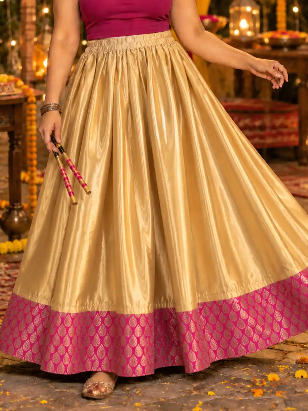 Golden flared brocade skirt