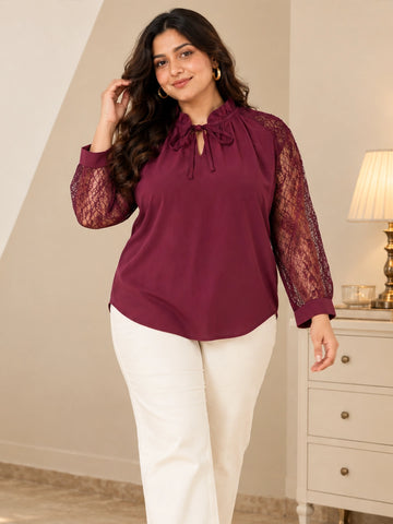 Burgundy tie up top with net sleeves