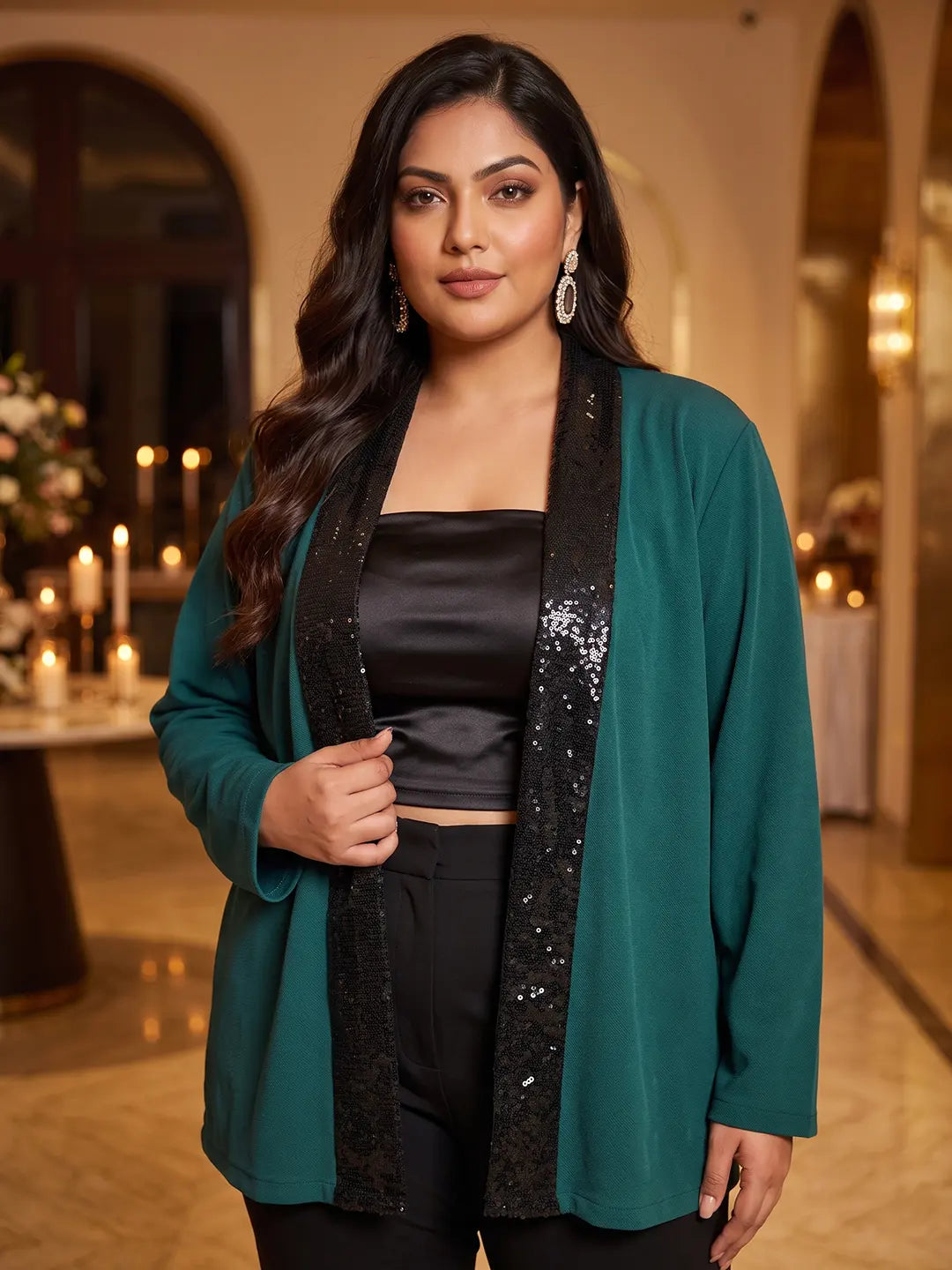 Bottle green lycra shrug wth sequins detailing