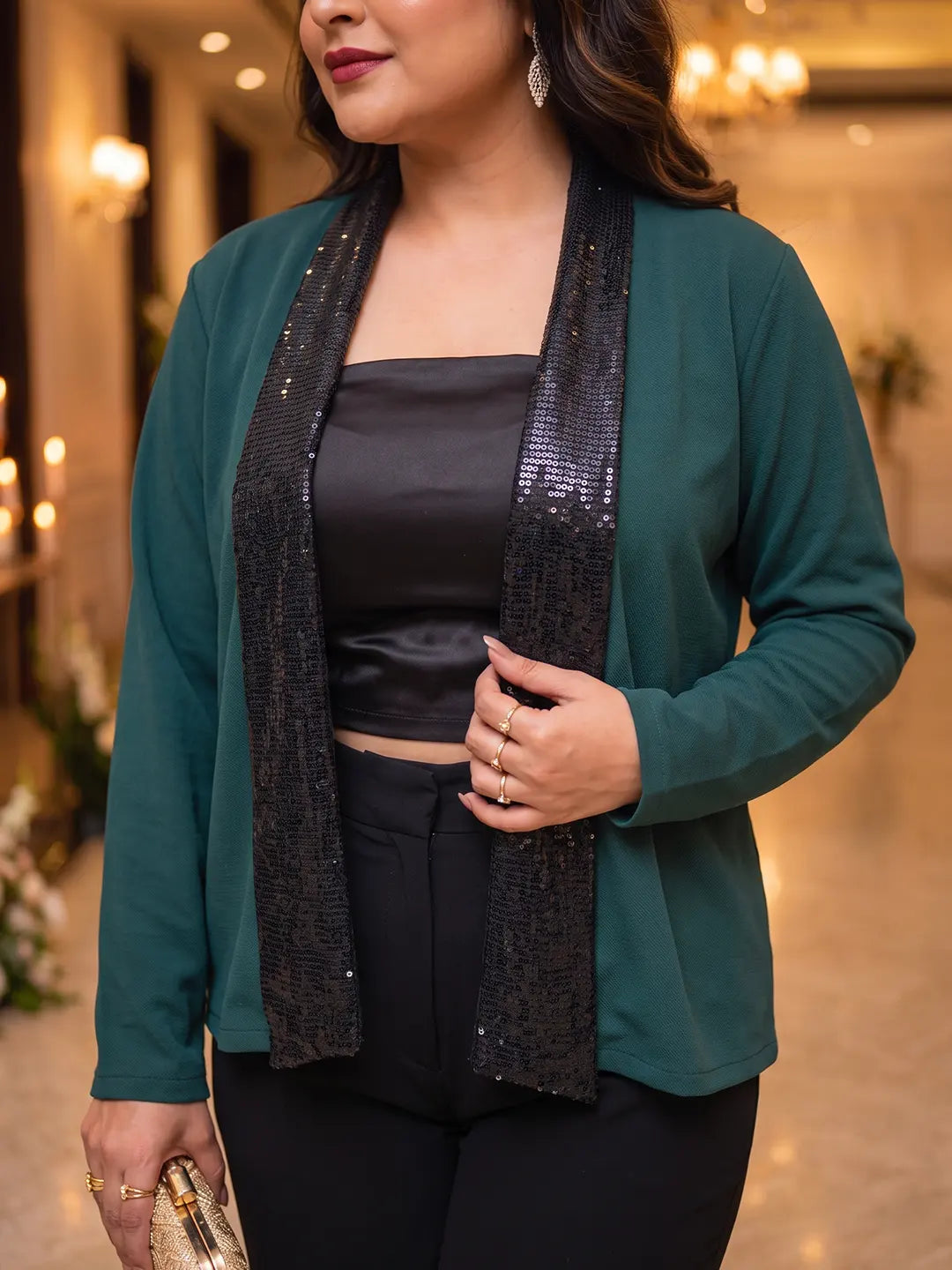 Bottle green lycra shrug wth sequins detailing