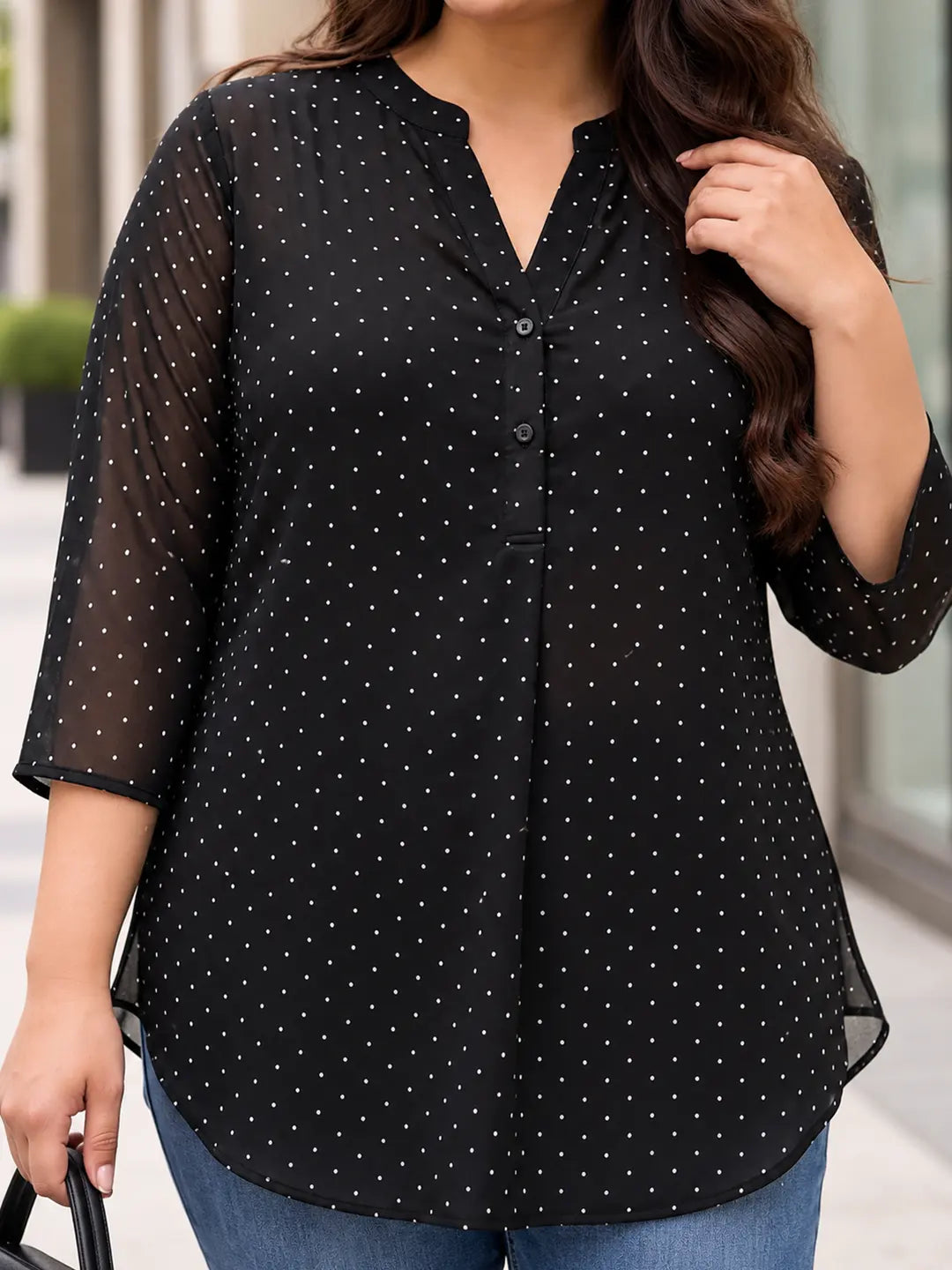 Black polka mandarin collar shirt