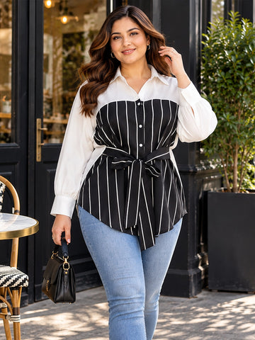 Black stripe yoke panel belt shirt