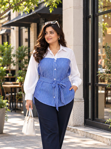 Blue stripe colour block belt shirt