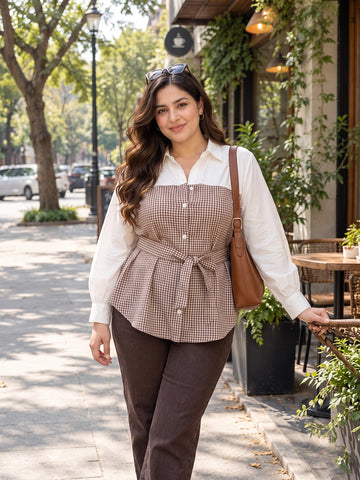 Brown gingham colour block cotton shirt