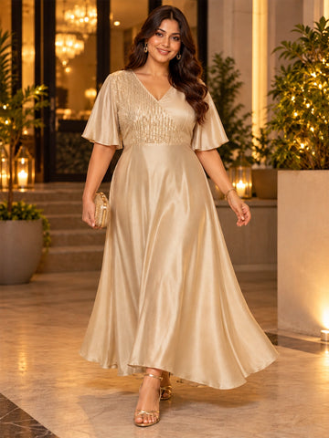 Beige silk with sequins yoke party dress