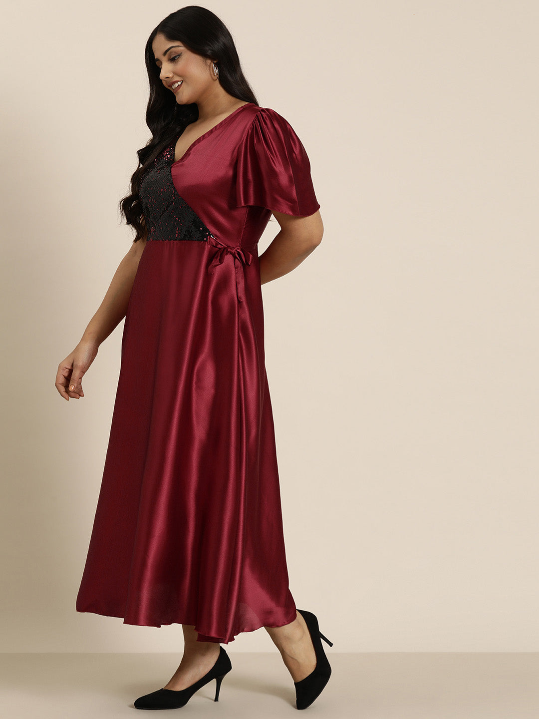 Solid Dark Maroon Slim Fit V Neck Half Bell Sleeve Satin Dress