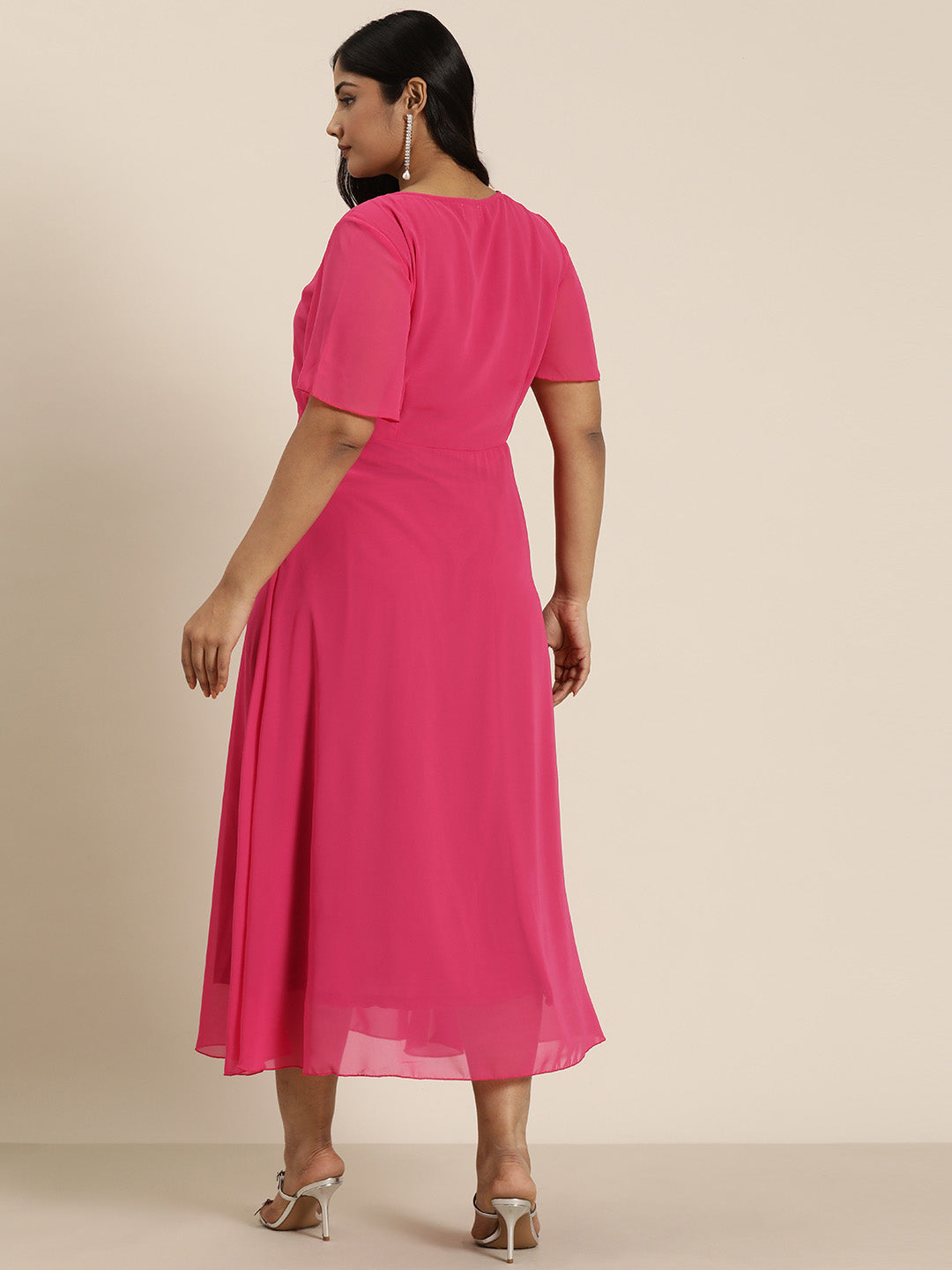 Solid Bright Magenta Regular Fit V Neck Above Elbow Length Bell Sleeve Georgette Dress