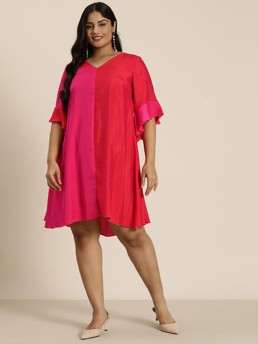 Solid Bright Pink Regular Fit V Neck Three Quarter Bell Sleeve Silk Dress