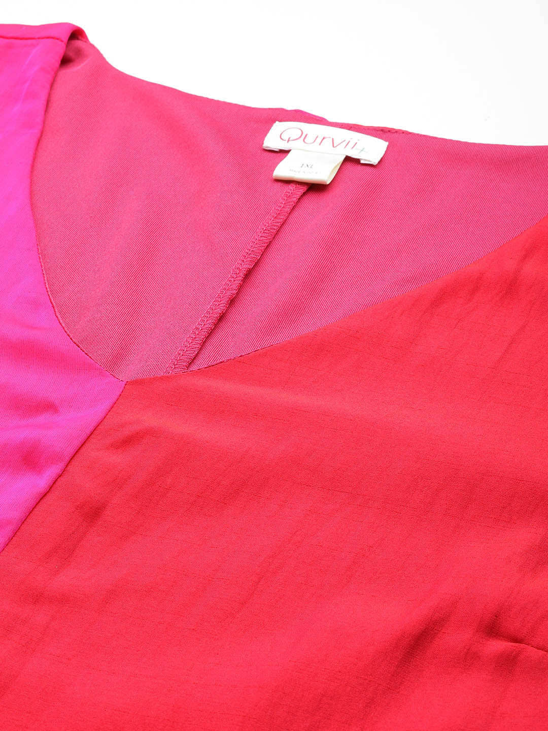 Solid Bright Pink Regular Fit V Neck Three Quarter Bell Sleeve Silk Dress