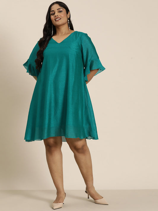 Solid Dark Sea Green Regular Fit V Neck Three Quarter Bell Sleeve Silk Dress