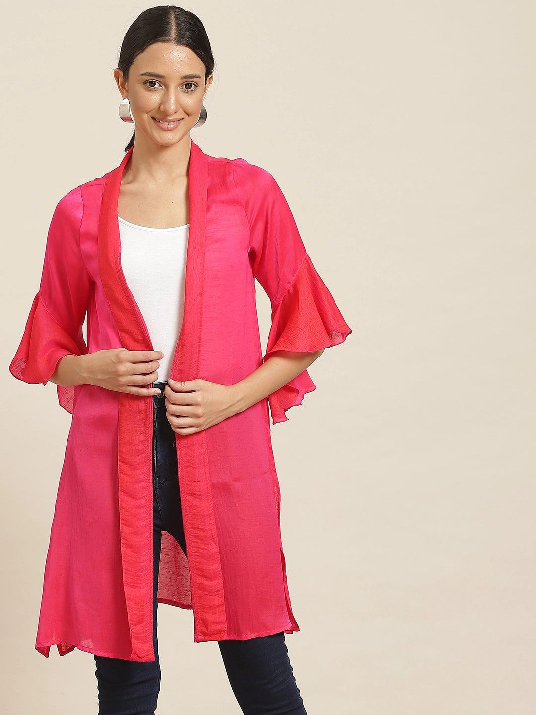 Solid Dark Magenta Relaxed Fit V Neck Three Quarter Bell Sleeve Silk Shrug