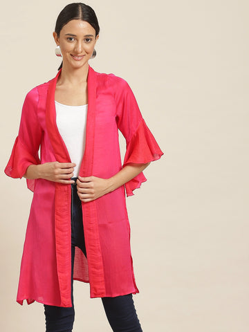 Solid Dark Magenta Relaxed Fit V Neck Three Quarter Bell Sleeve Silk Shrug