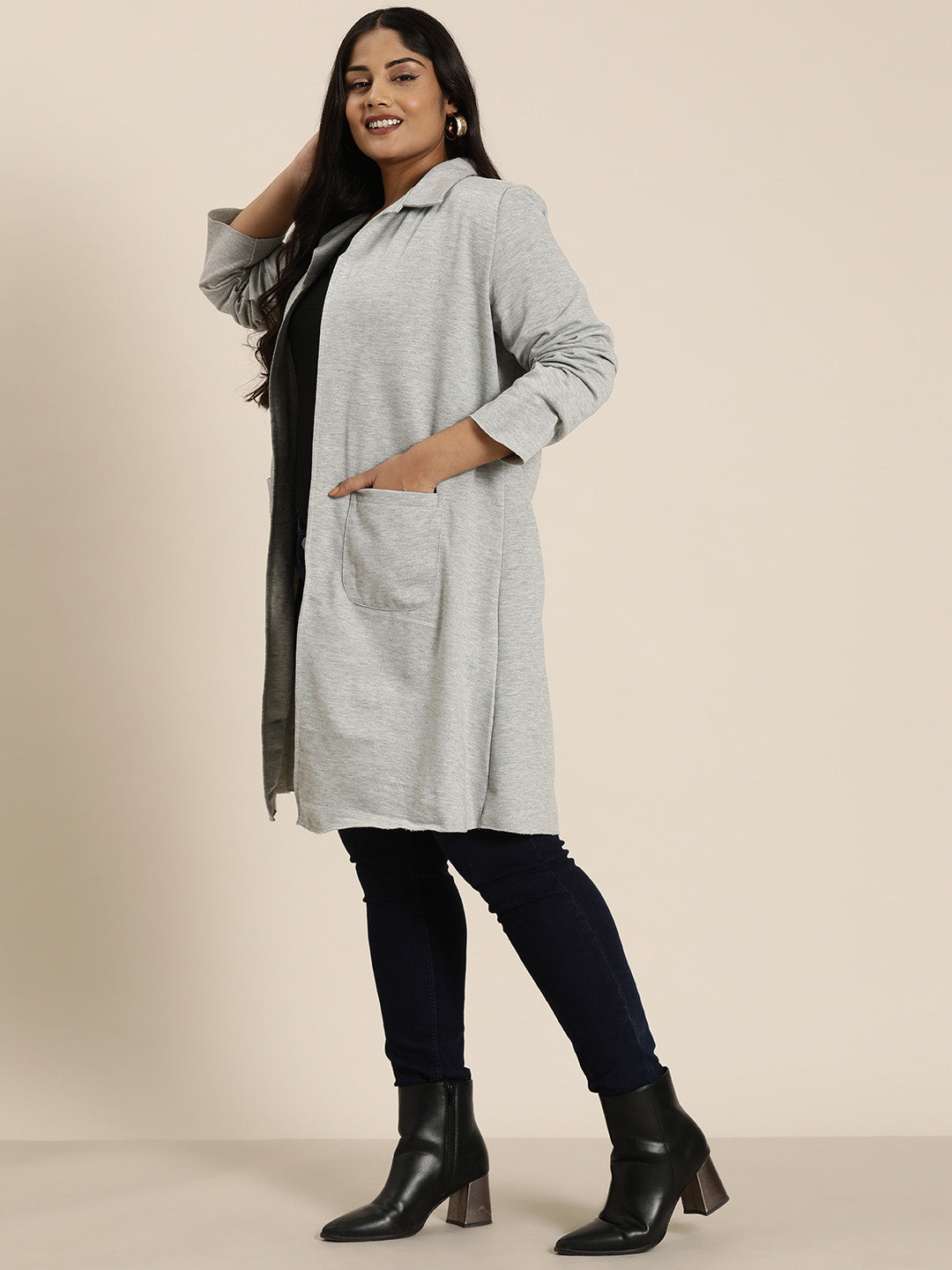 Solid light gray fleece long jacket