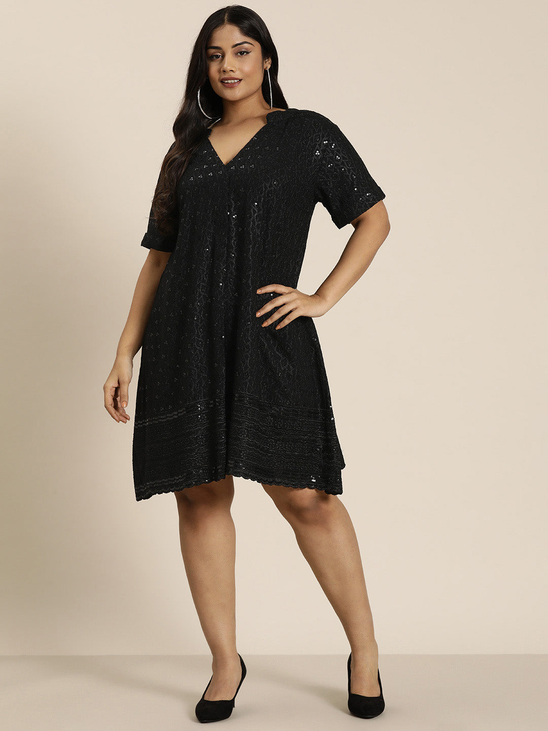 Black sequins schiffli party dress