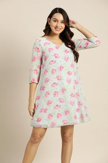 Pastels Print Floral Light Mint Green Regular Fit V Neck Three Quarter  Georgette Dress