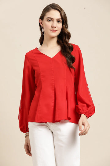Solid Dark Red Regular Fit V Neck Full  Crepe Top