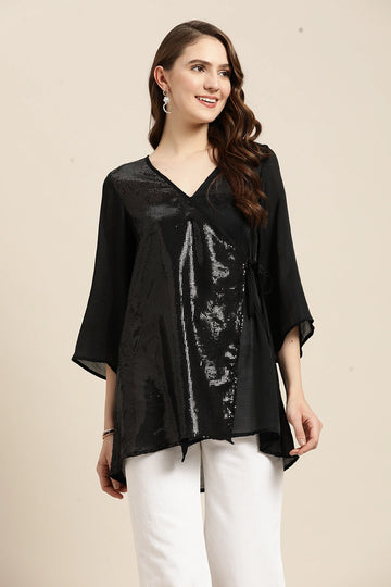 Solid Dark Black Regular Fit V Neck Three Quarter  Silk Top