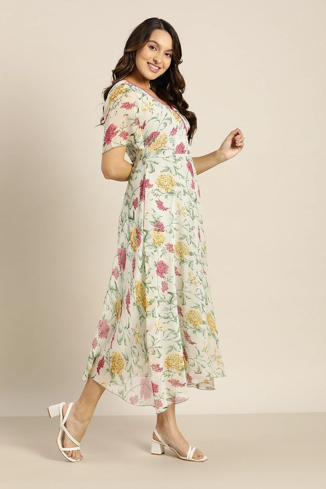 Pastels Floral Light Ivory Regular Fit V Neck Half Bell Sleeve Georgette Dress