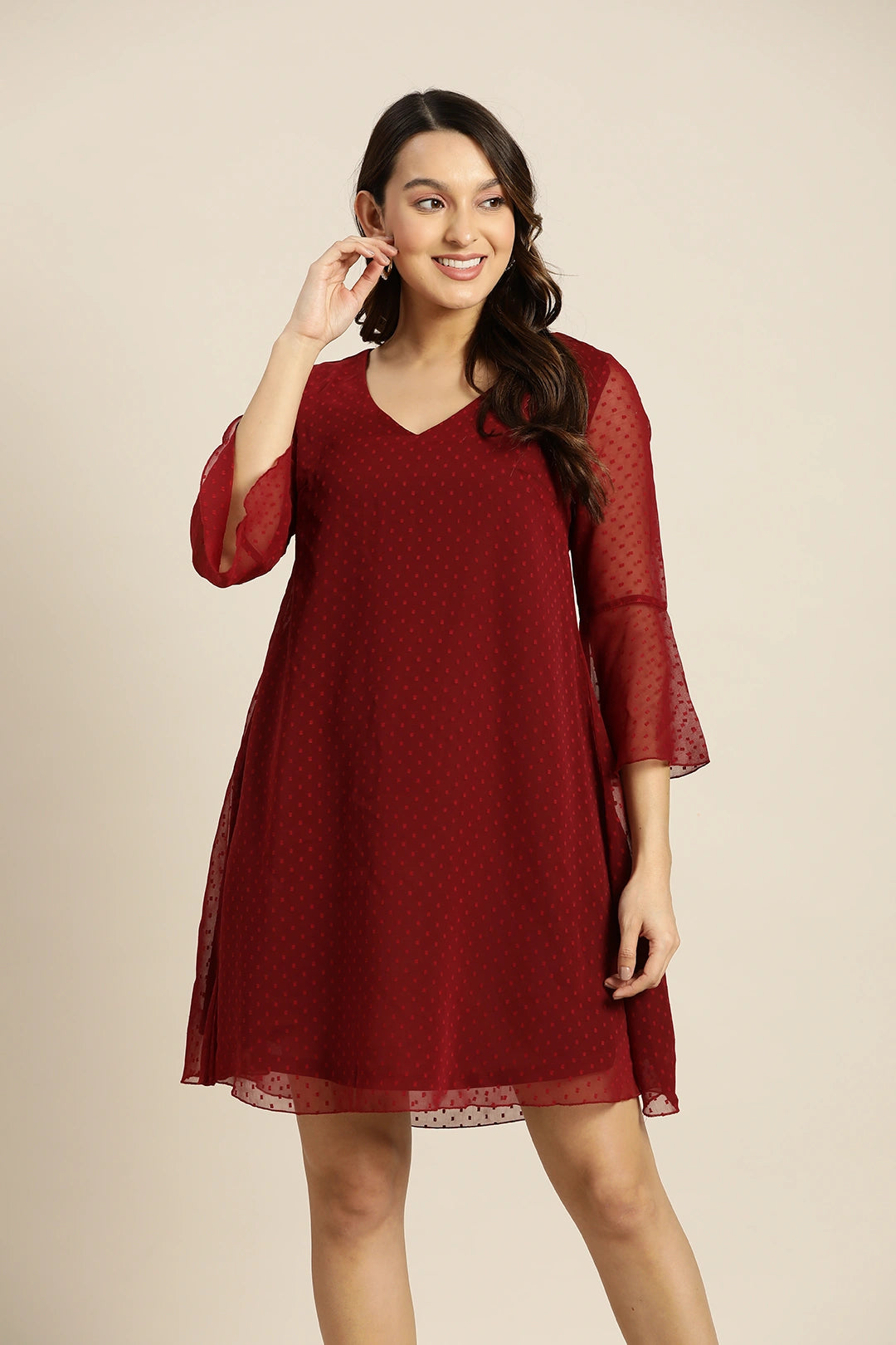 Maroon swiss dot A-line dress