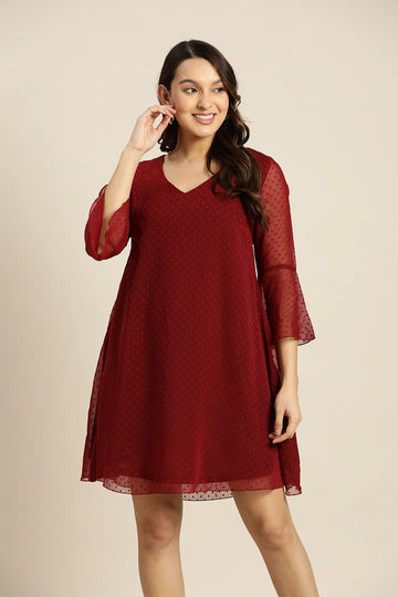 Maroon swiss dot A-line dress