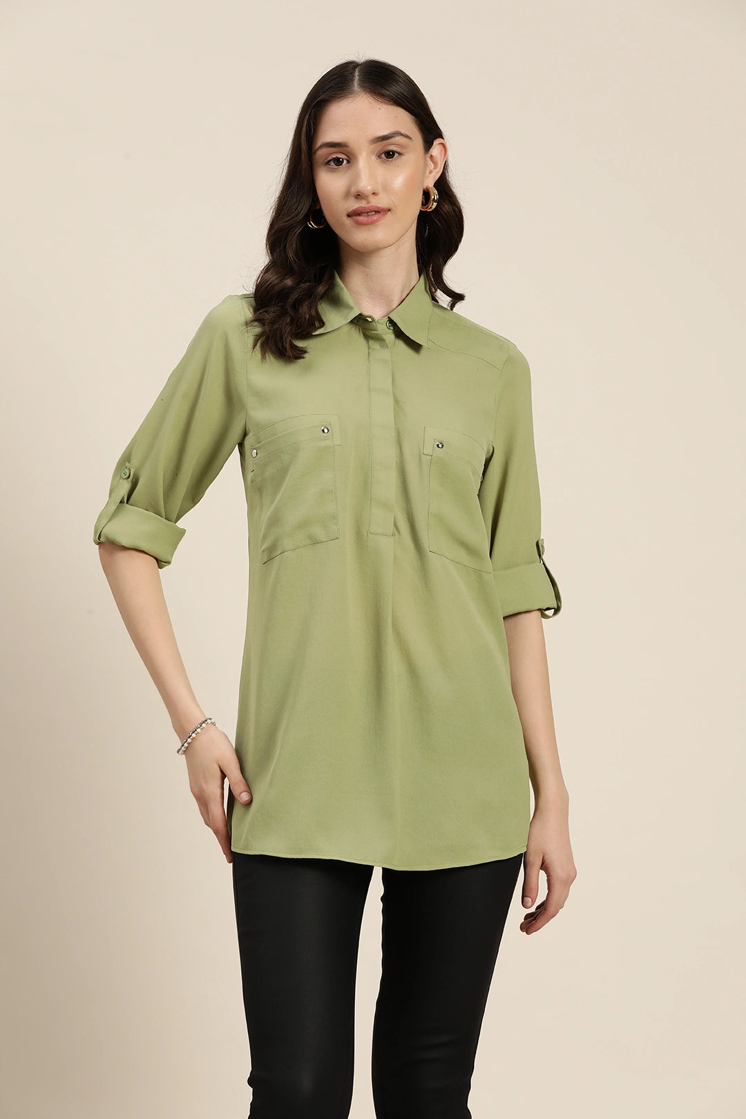Pista green collar half placket shirt