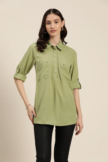 Pista green collar half placket shirt