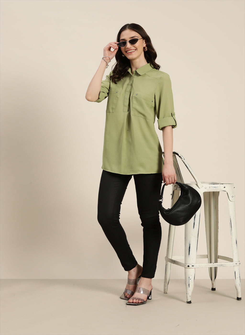 Pista green collar half placket shirt